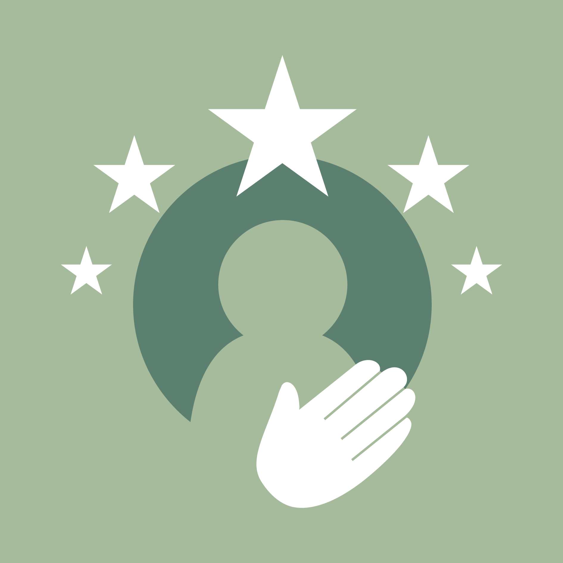 A minimalist icon of a stylized person with an open hand over their heart, surrounded by five stars on a sage green field.
