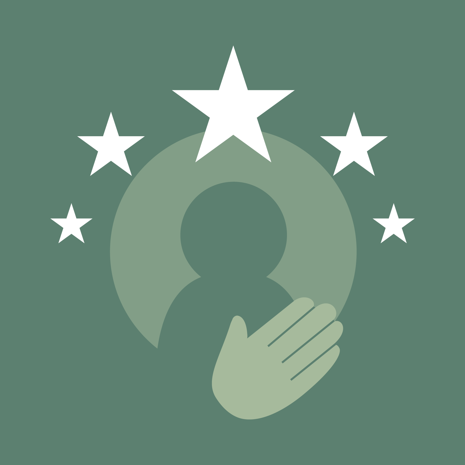 Person silhouette within a circle with outstretched hand; four stars above.