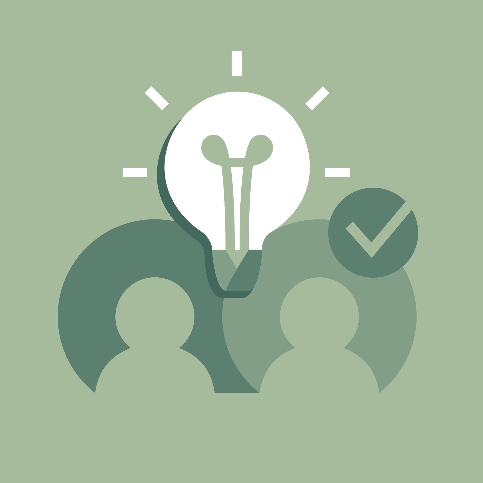 A white lightbulb icon above two overlapping user silhouettes, with a green checkmark on the right.
