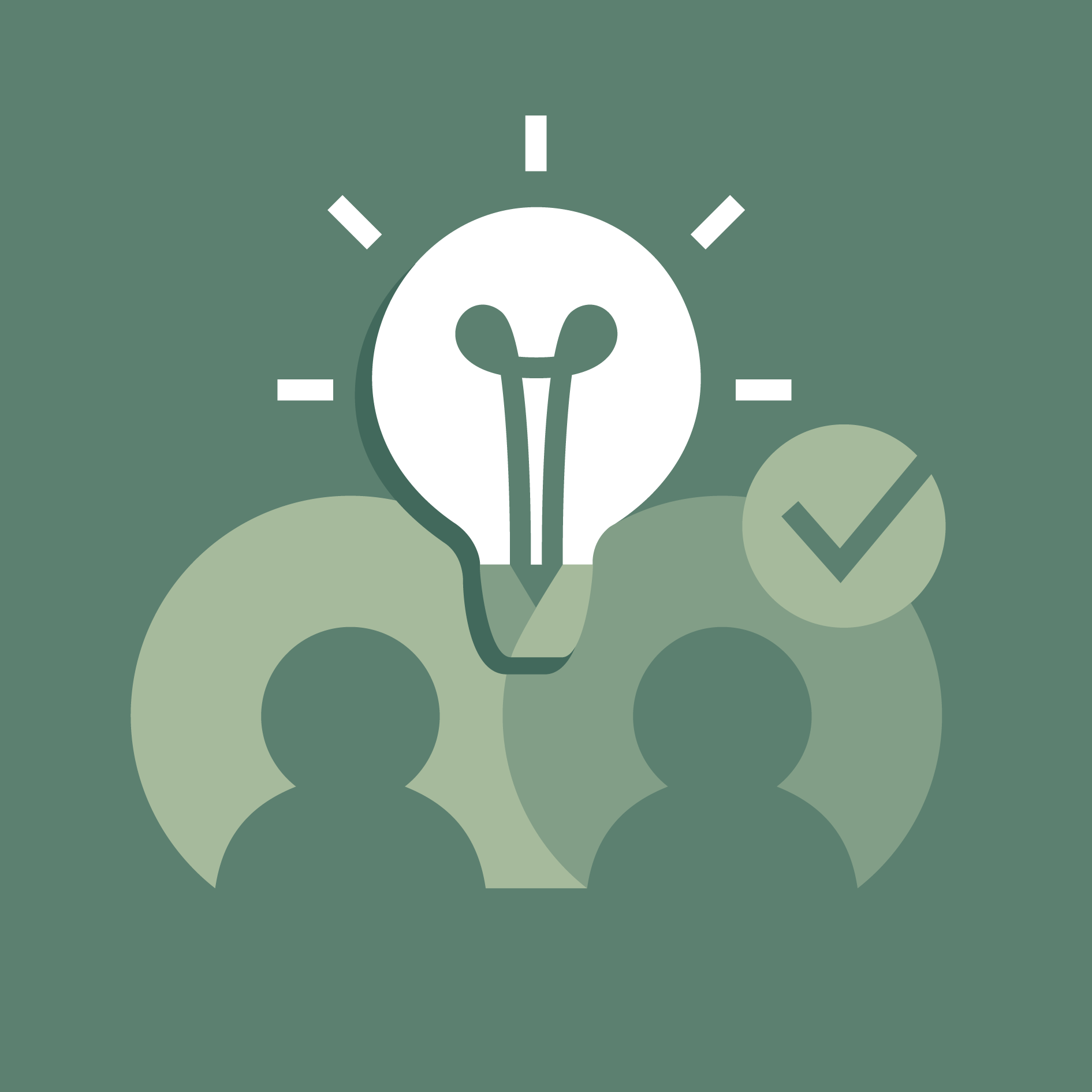 Two people with idea bulb, checkmark.