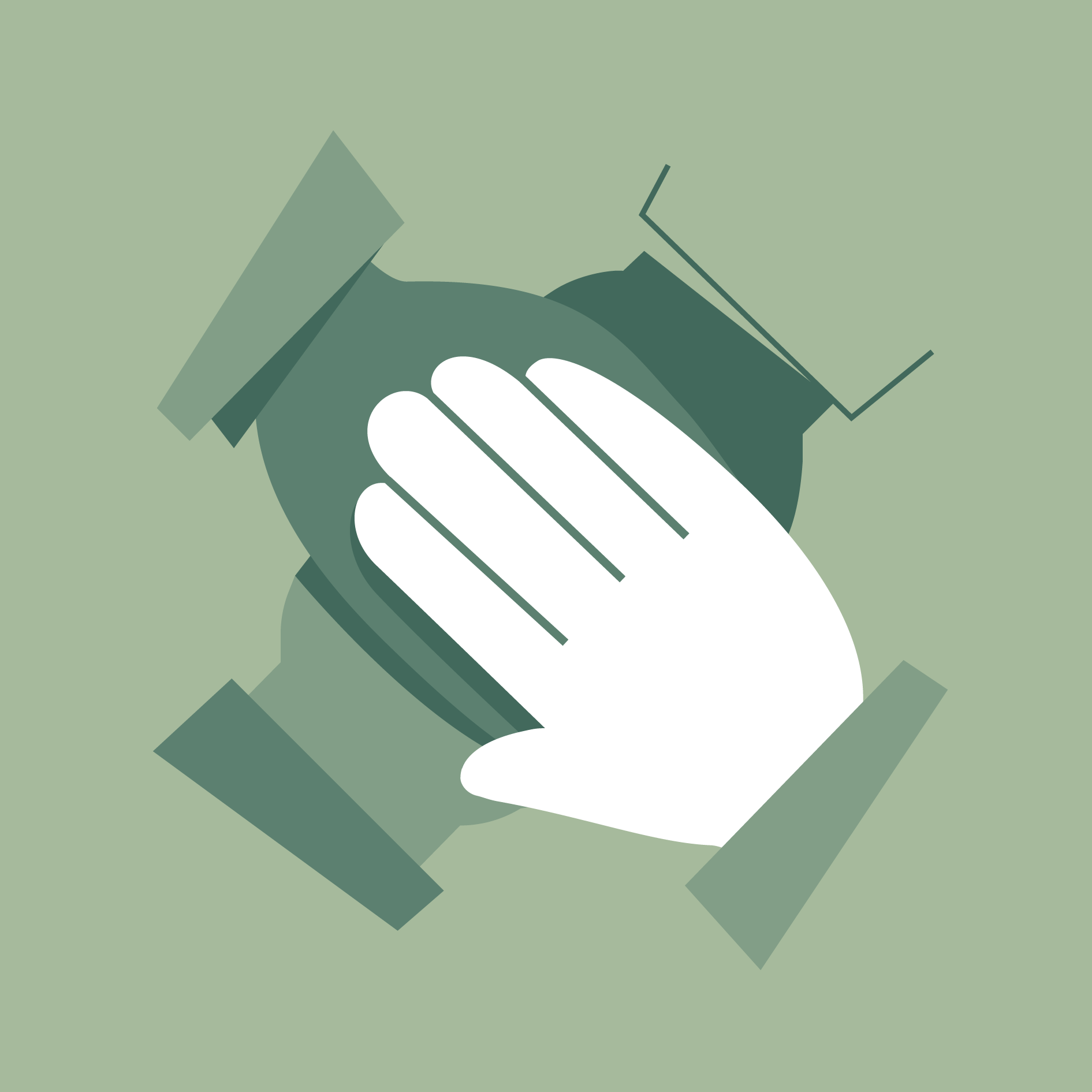 A white hand placed over several dark green arms arranged in a circular formation, symbolizing cooperation and teamwork.