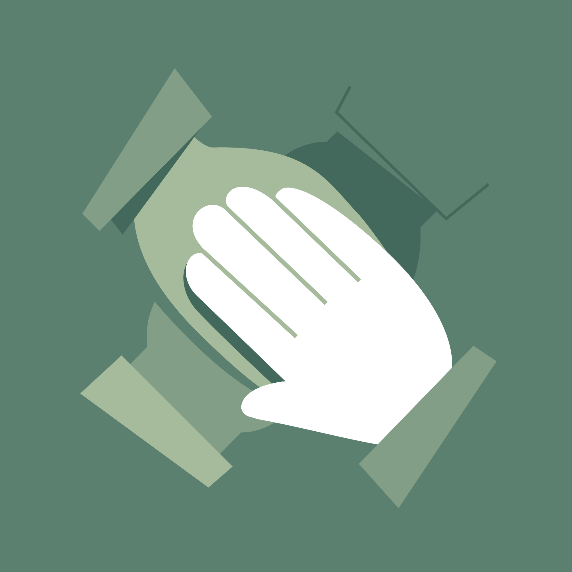 White hand patting a green vase, with three other vases around it, on a green background.