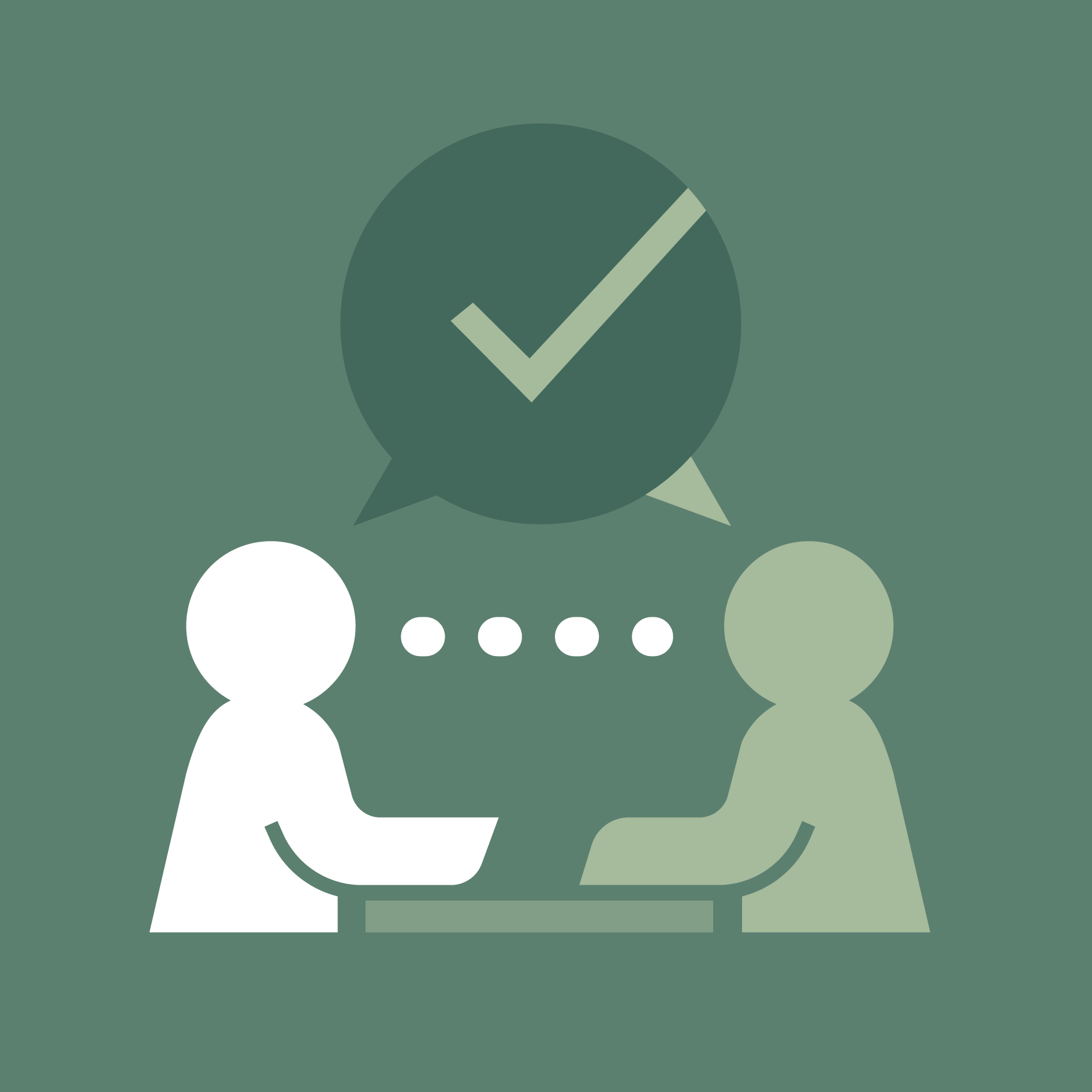 Two stylized figures sit across from each other with a speech bubble above containing a checkmark, symbolizing agreement.
