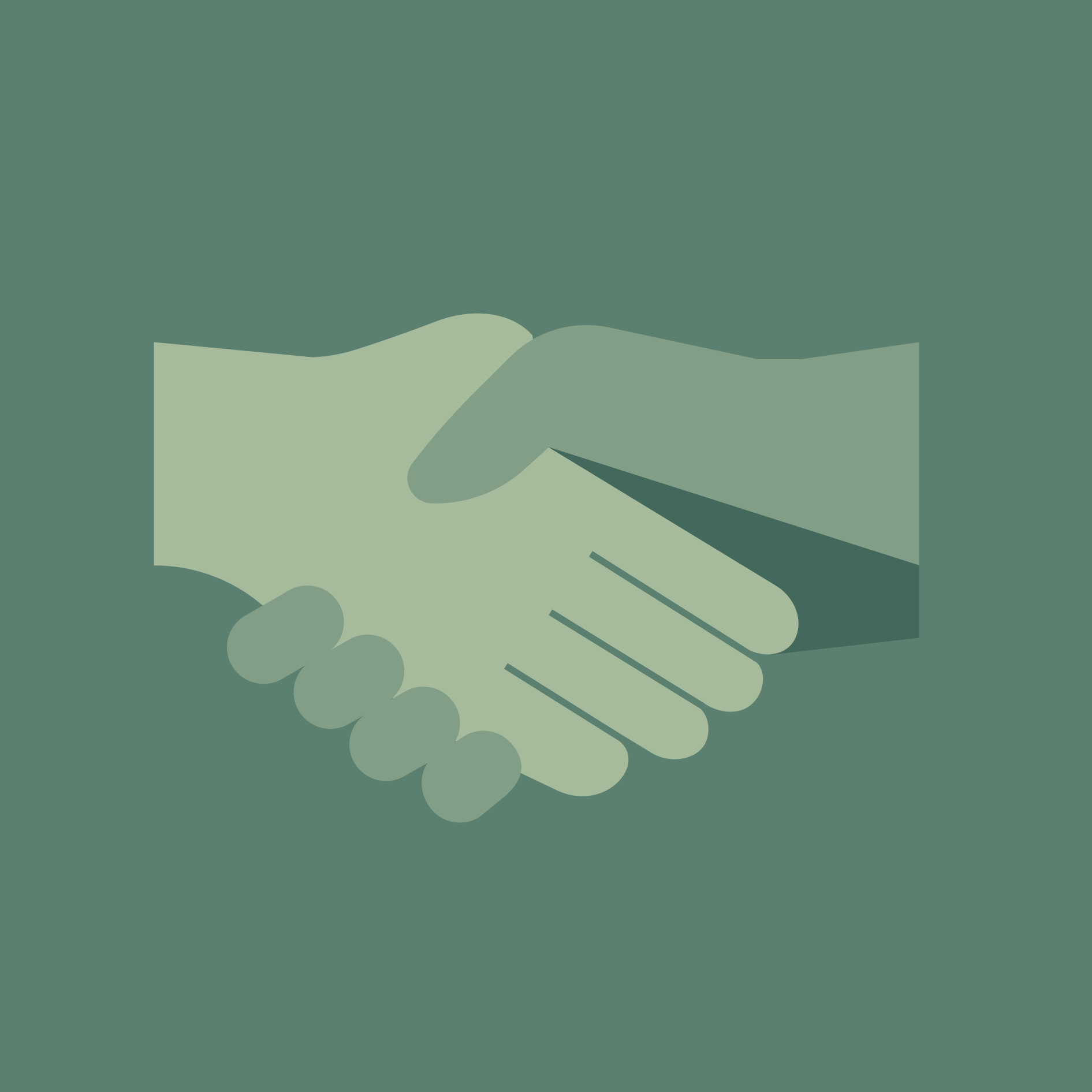A minimalist, stylized icon of two hands shaking, depicted in shades of sage green against a darker green background.