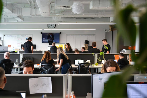 Open-plan office with people working at desks, a screen on the wall, and greenery.
