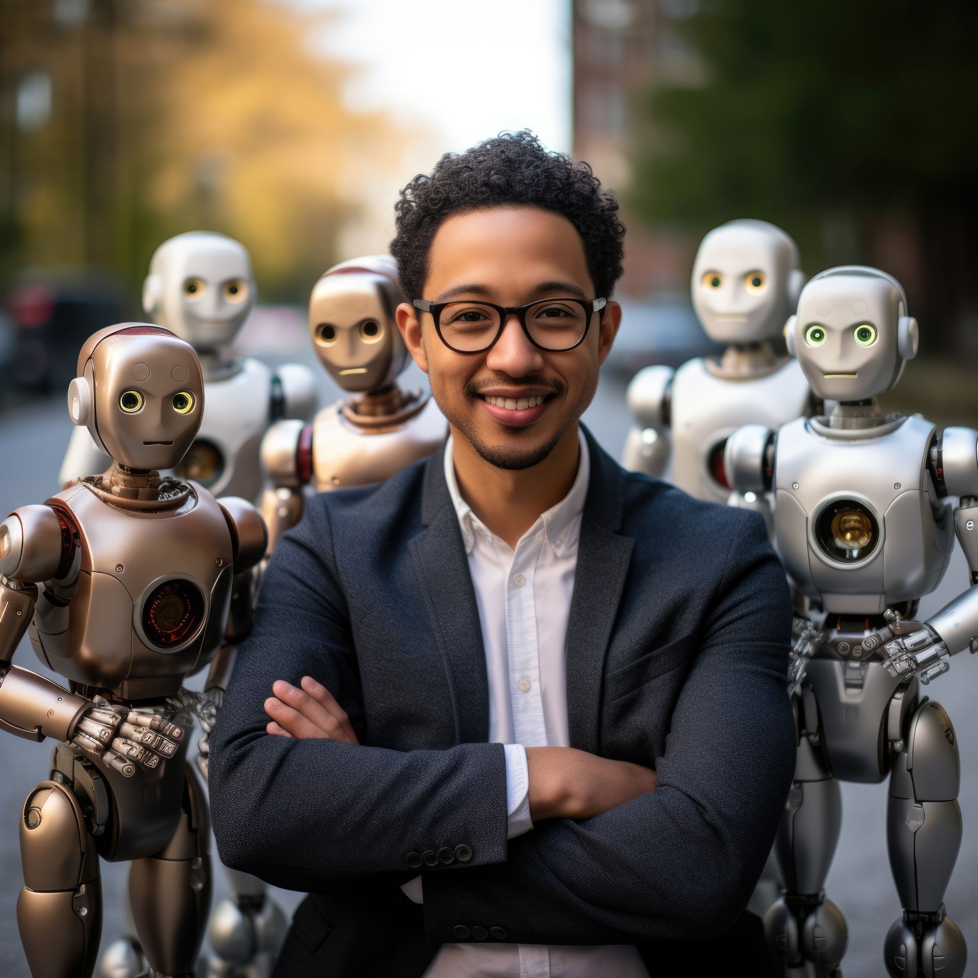 Man in glasses smiles, arms crossed, surrounded by robots on a street.