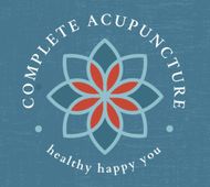 A logo for complete acupuncture with a flower in the center