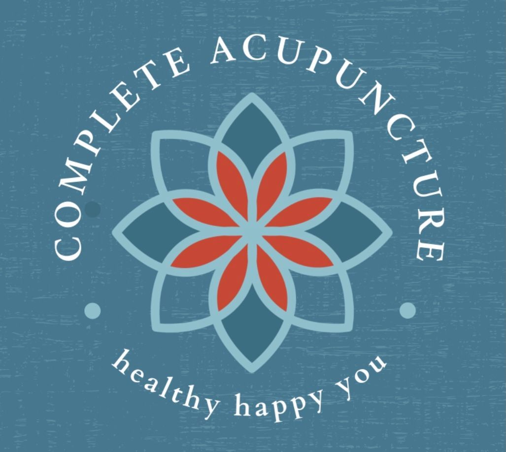 A logo for complete acupuncture with a flower in the center