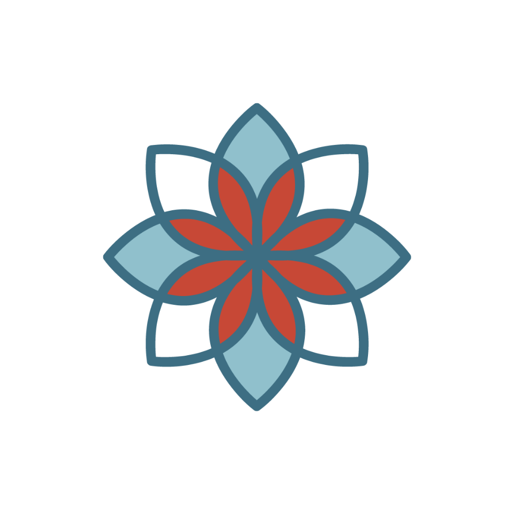 A blue flower icon on a white background.