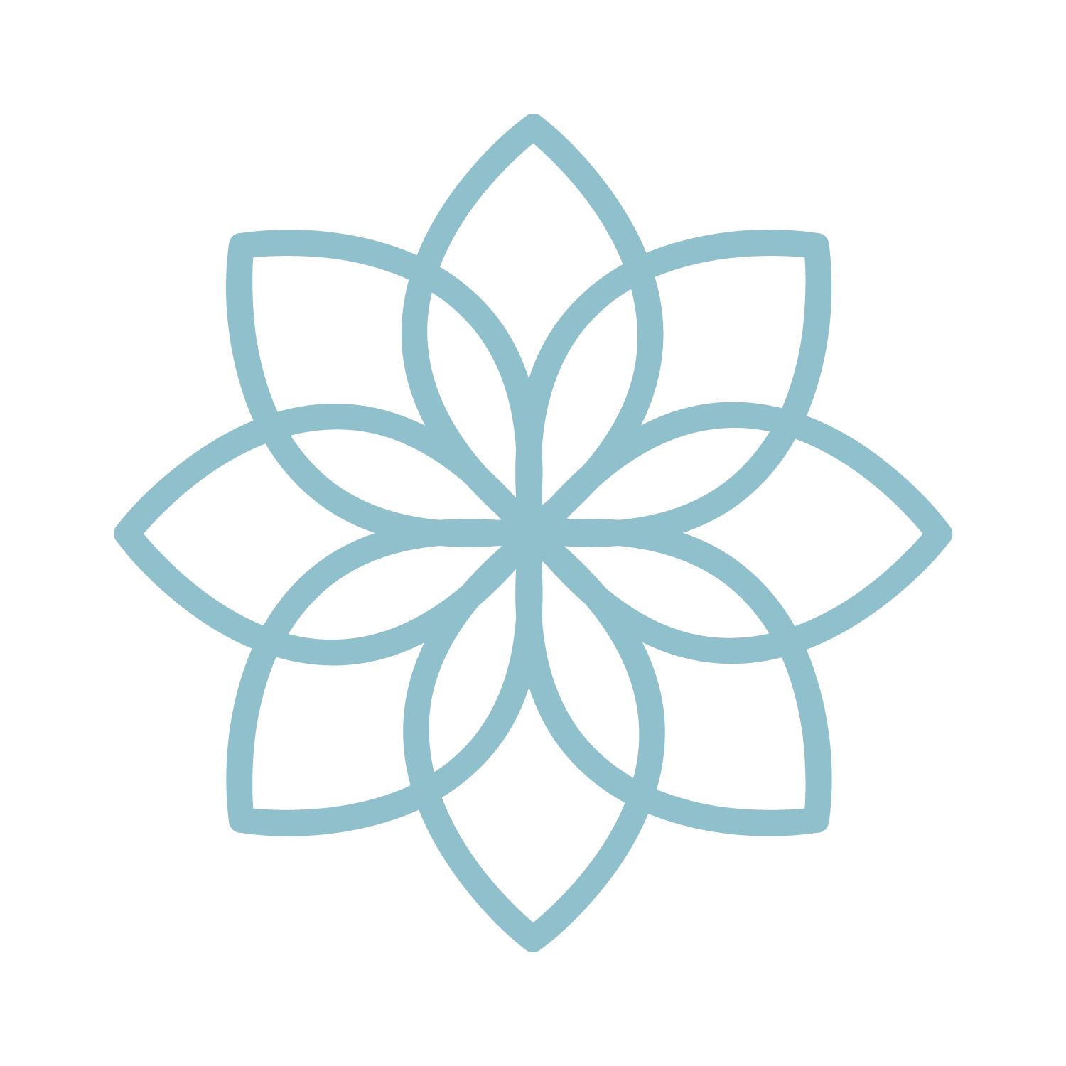 A blue flower icon on a white background.