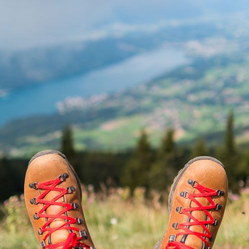 A pair of hiking boots with red laces are laying on top of a grassy hill.