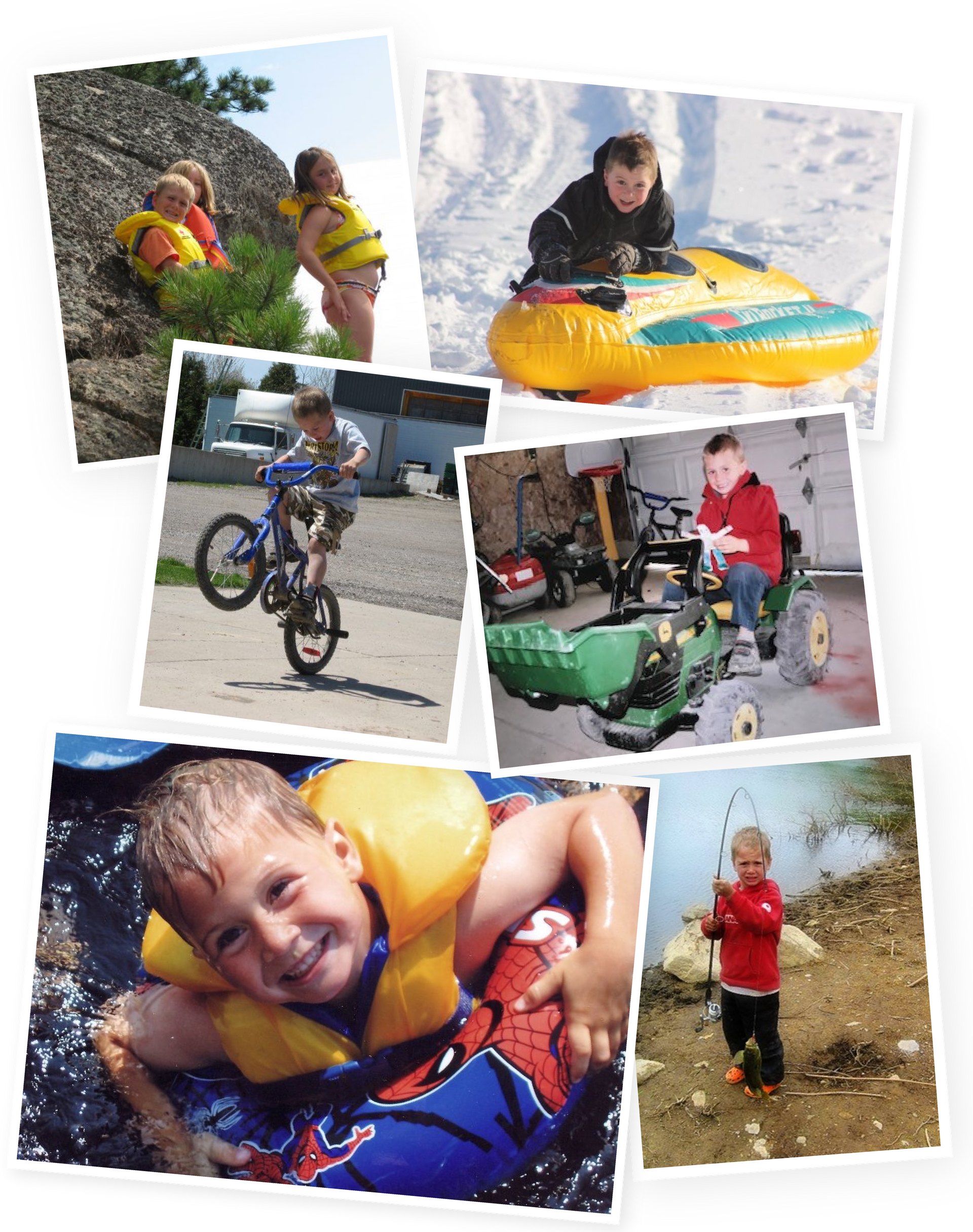 a collage of pictures of a Kaeden Brown wearing a life jacket