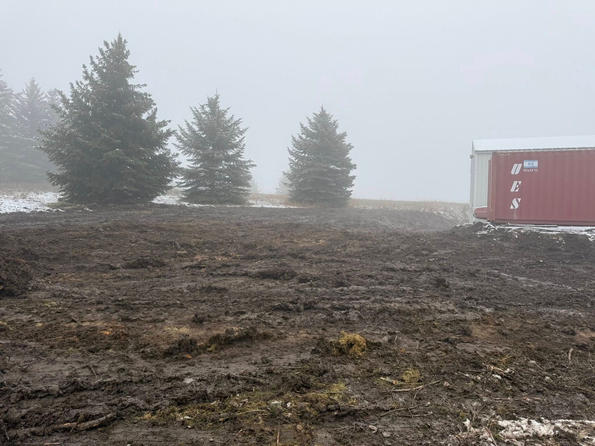 A muddy, snow-dusted field with three evergreen trees under a foggy sky and a red shipping container on the right.