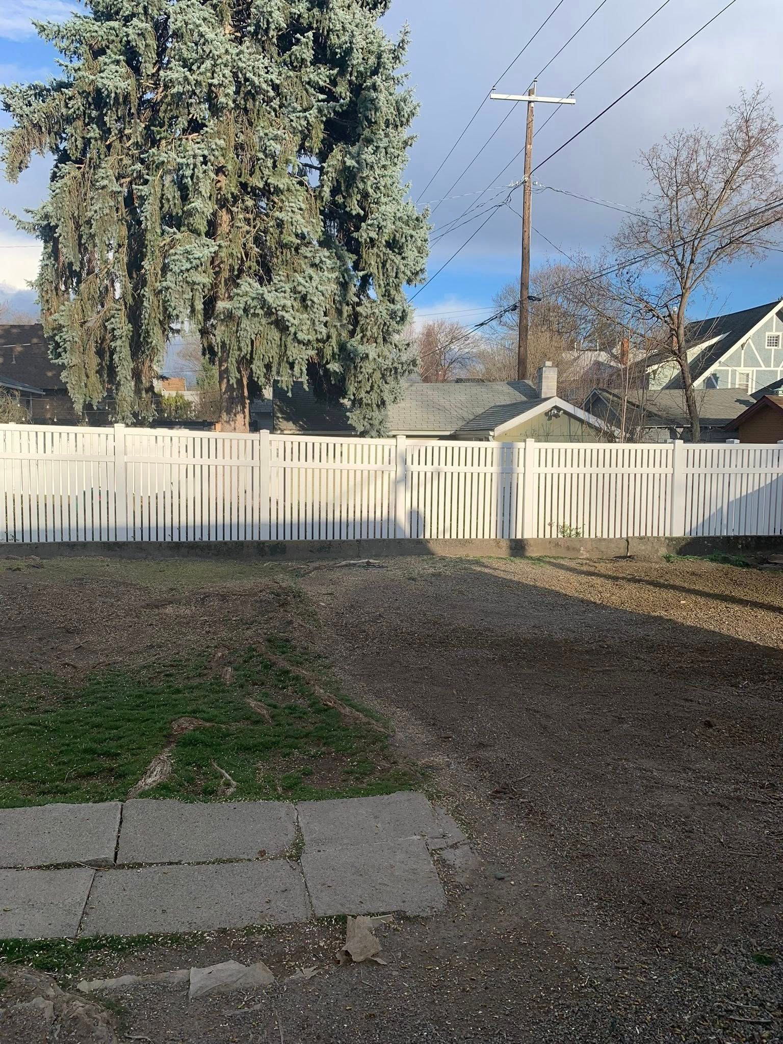A white picket fence stands across a backyard with patches of grass, gravel, and a stone patio under a large tree.