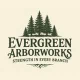 Logo for Evergreen Arborworks featuring a dark green pine forest graphic, text, and root illustration on a cream background.
