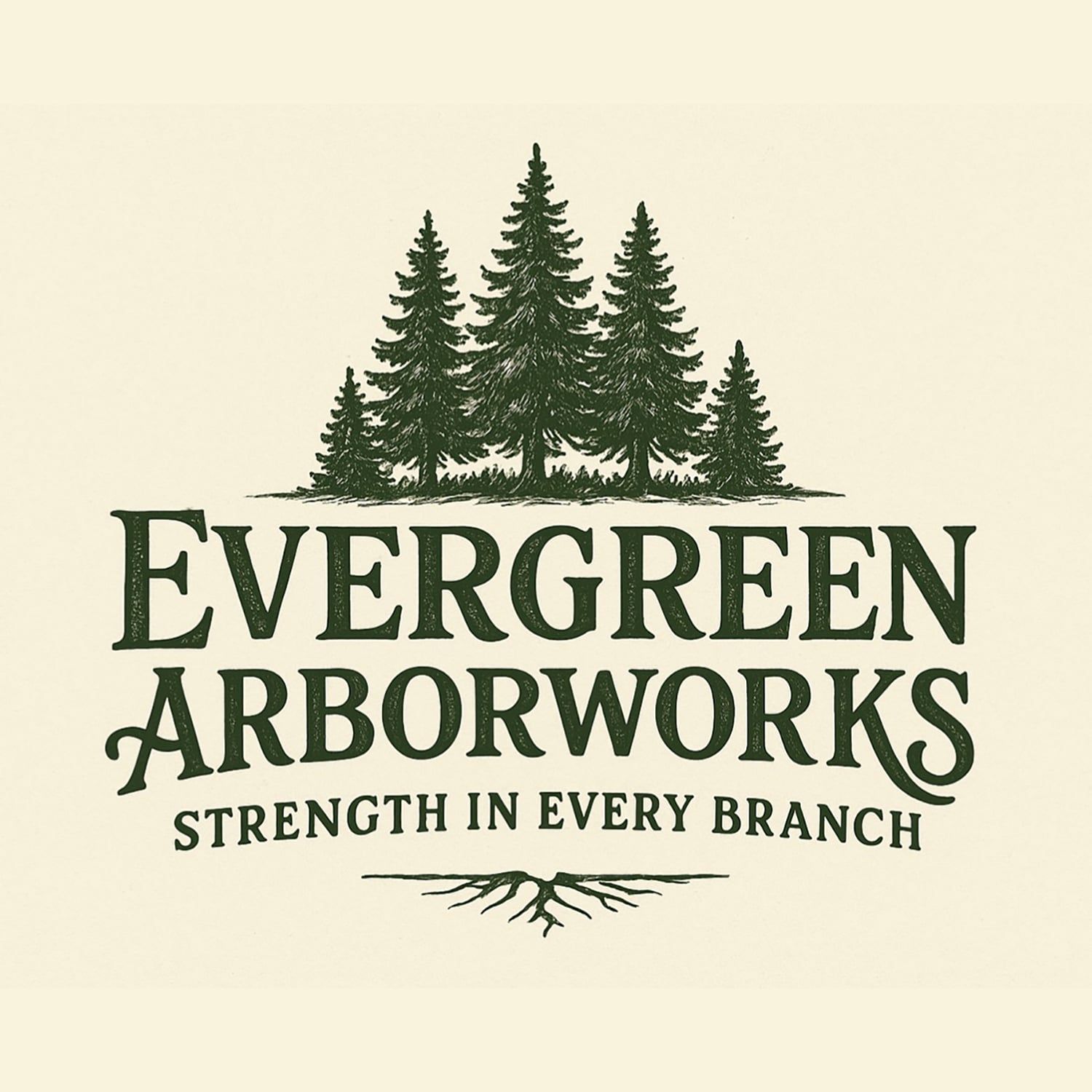 Logo for Evergreen Arborworks featuring a dark green pine forest graphic, text, and root illustration on a cream background.
