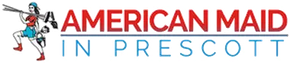 Logo for "American Maid in Prescott." A person dressed as a maid climbs with cleaning equipment. Red and blue text.