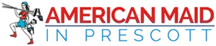 Logo for "American Maid in Prescott." A person dressed as a maid climbs with cleaning equipment. Red and blue text.