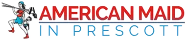 Logo for "American Maid in Prescott." A person dressed as a maid climbs with cleaning equipment. Red and blue text.