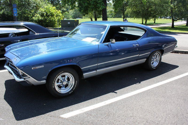 A blue muscle car is parked in a parking lot