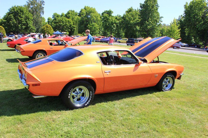 An orange car with the hood up is parked in the grass
