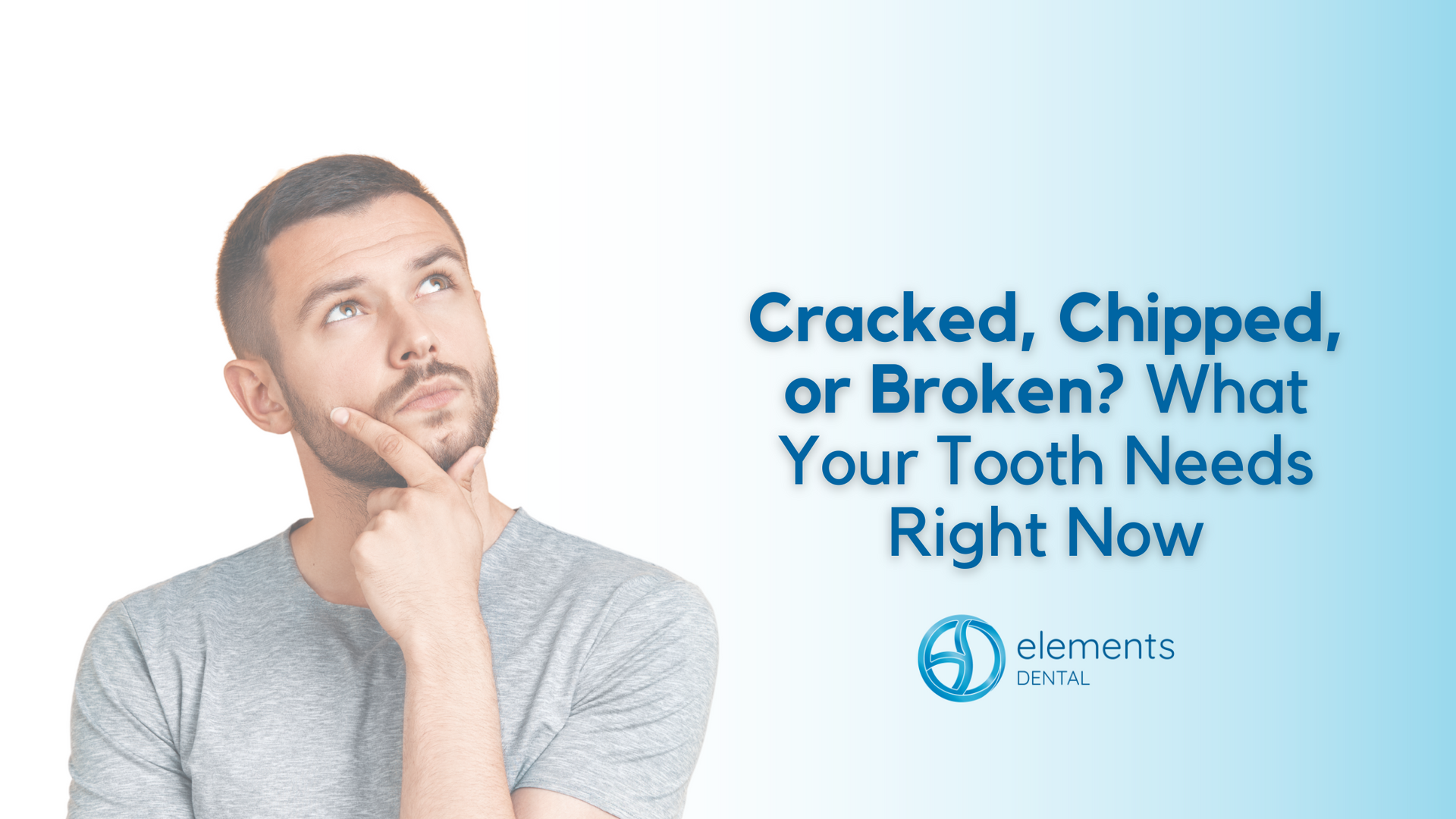 A man with a beard is thinking about a cracked , chipped , or broken tooth.