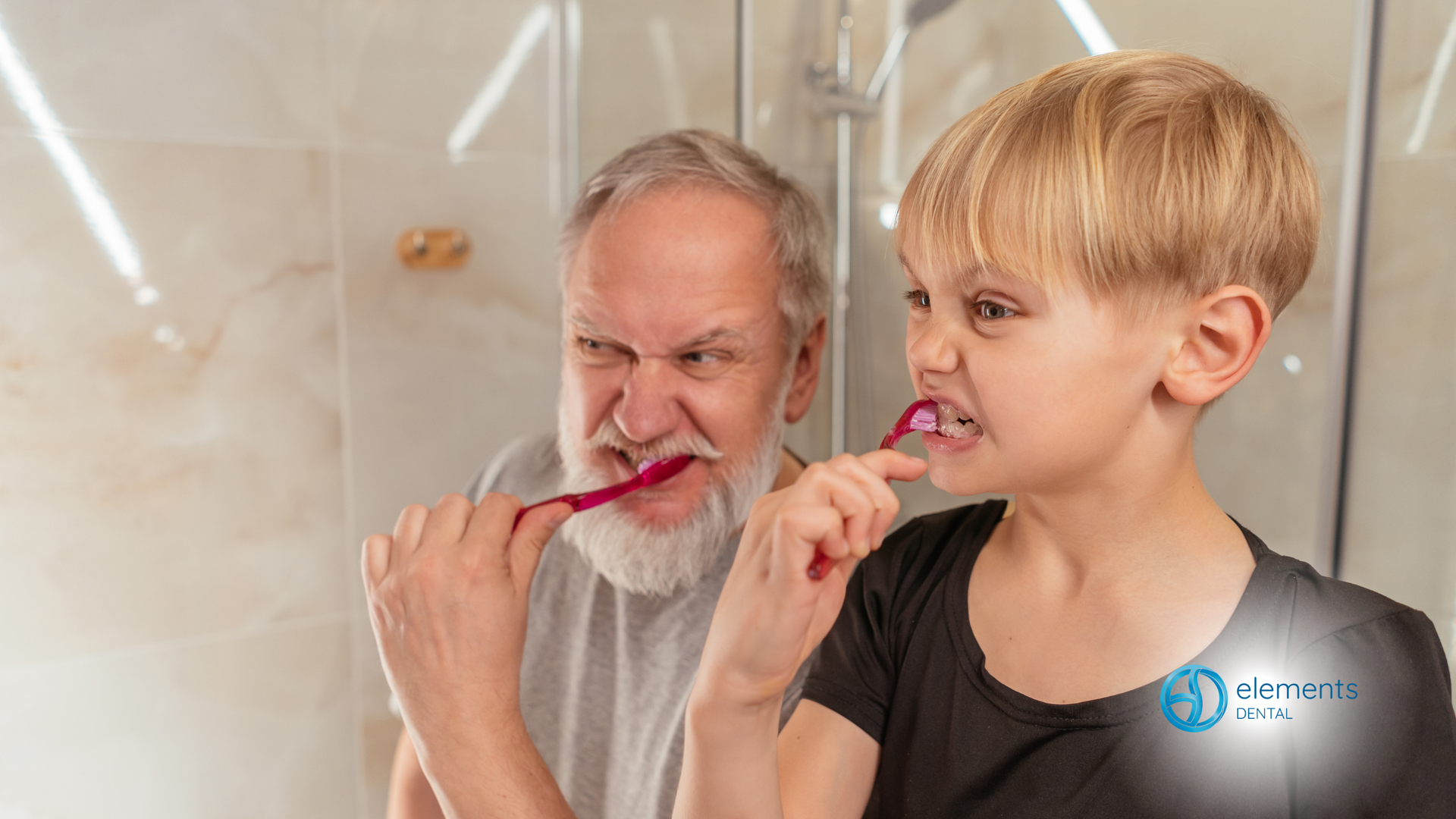 Young boy and grandfather brushing their teeth