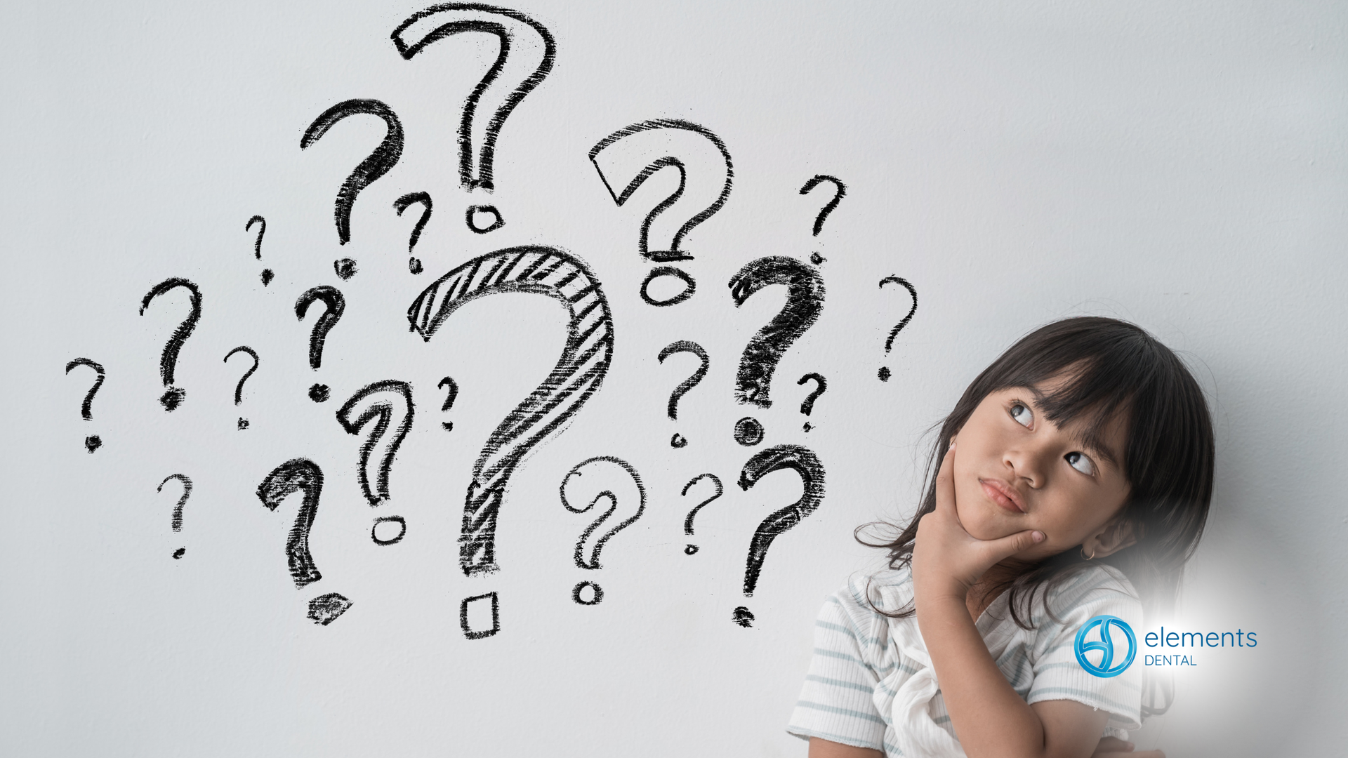 Girl thinking with a hand on her chin, surrounded by drawn question marks on a white background.