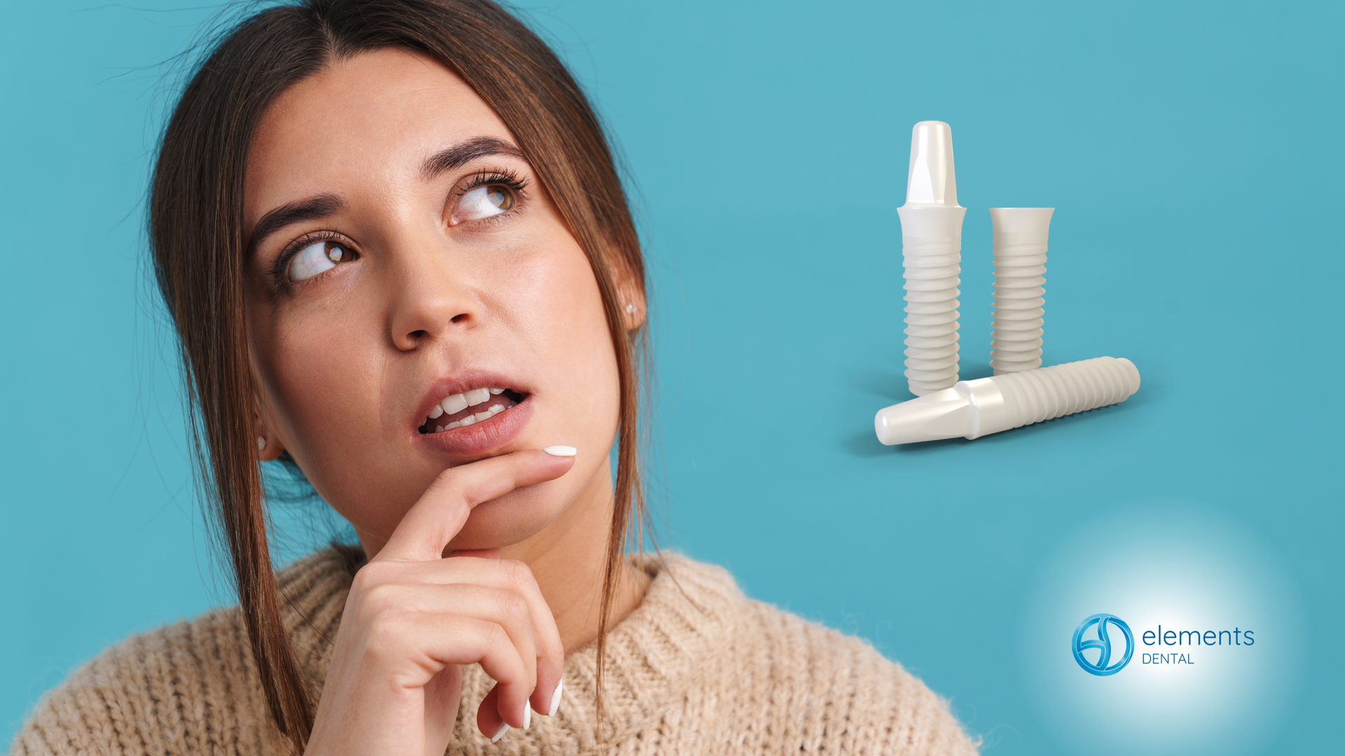 A woman in a sweater is thinking about dental implants.