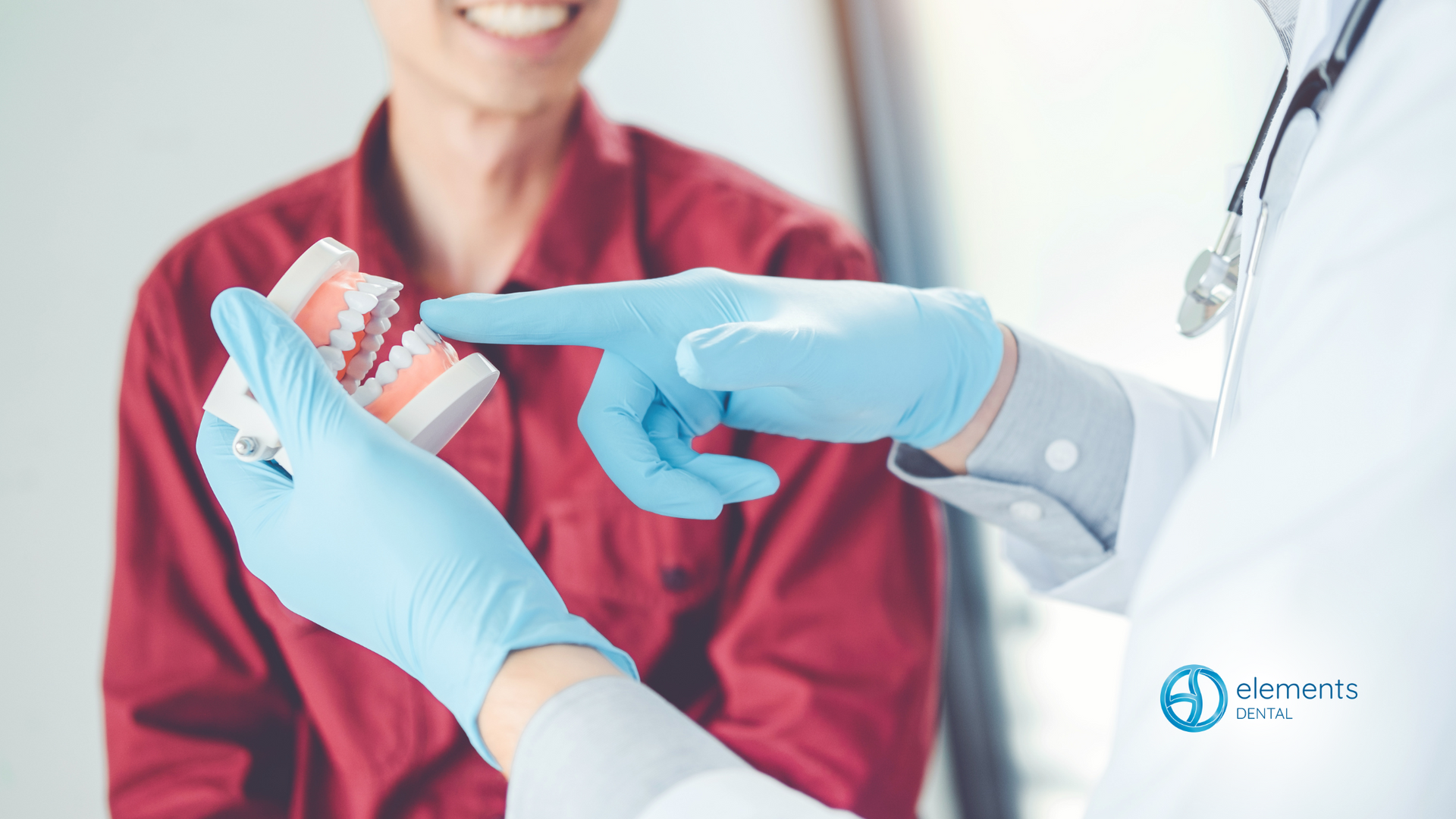 A dentist is holding a model of teeth in front of a patient.