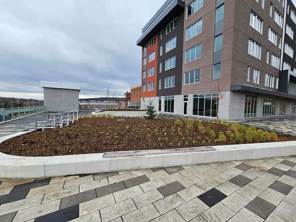 Bâtiment moderne avec un parterre de fleurs surélevé et un banc devant ; journée nuageuse.