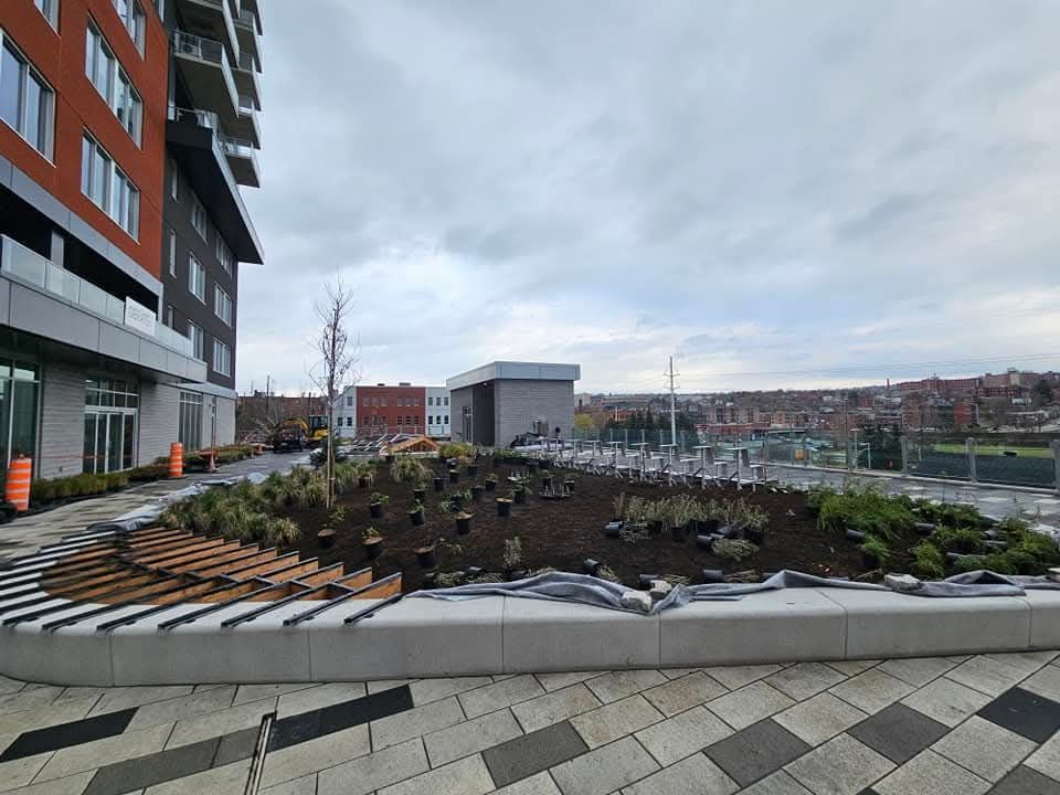 Bâtiment moderne avec un parterre de jardin surélevé et un pavage à motifs ; ciel couvert.