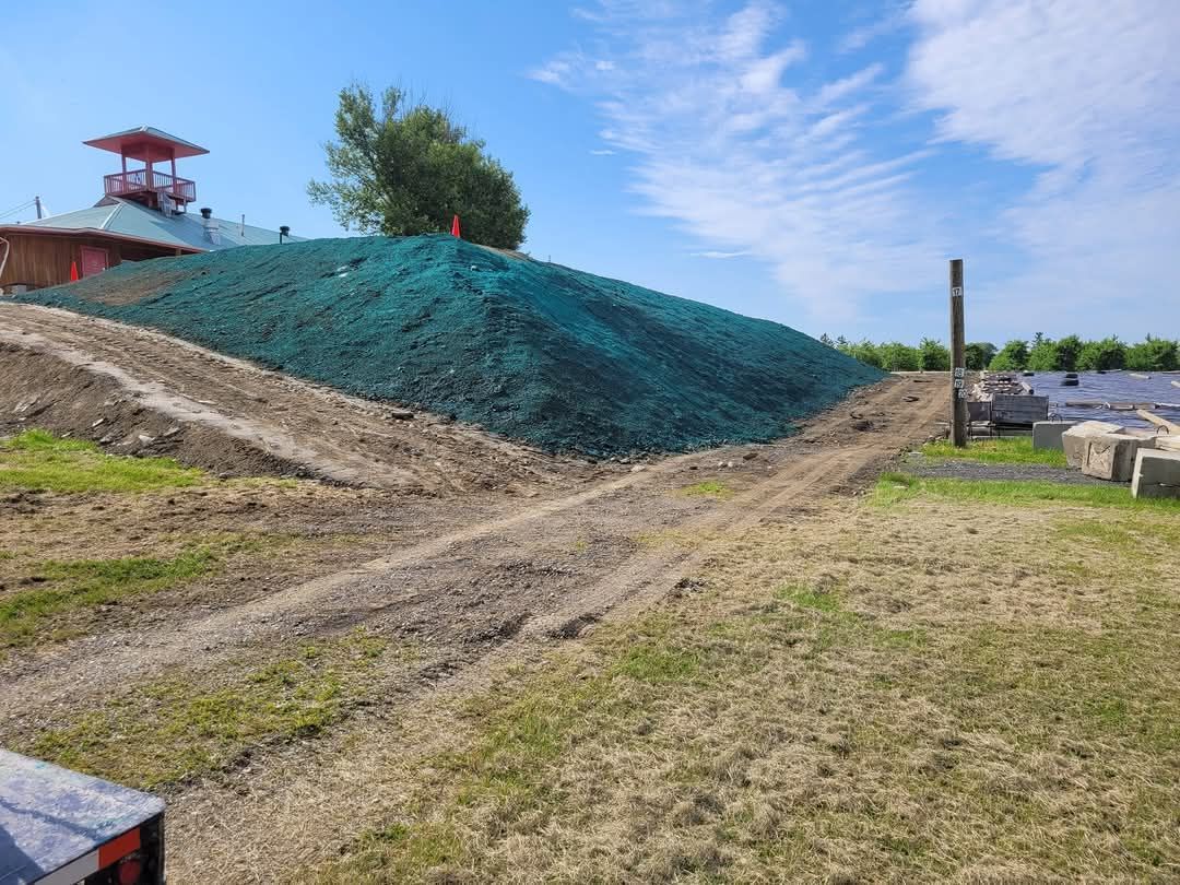 Colline verdoyante avec des chemins de gravier, premier plan herbeux, pagode en arrière-plan sous un ciel bleu.
