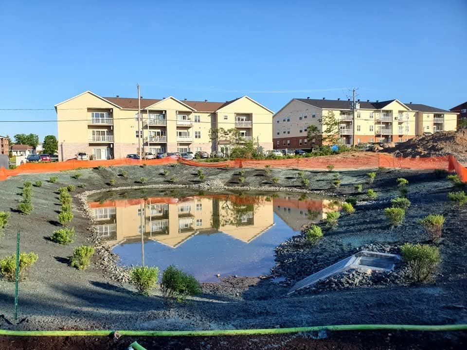 Des immeubles d'appartements se reflètent dans un petit étang entouré de verdure nouvellement plantée ; clôture de chantier.