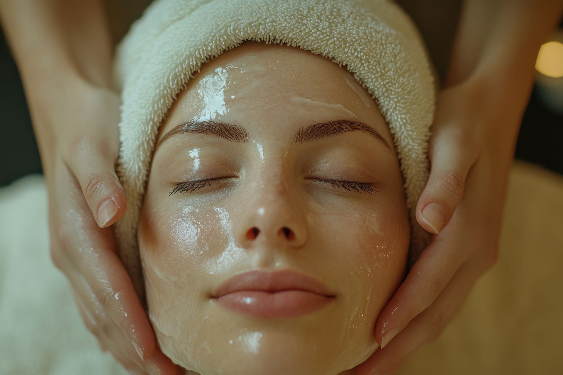 Woman getting a facial massage with hands on her face, in a spa-like setting, wearing a towel on her head. Woman getting a facial massage with hands on her face, in a spa-like setting, wearing a towel on her head.