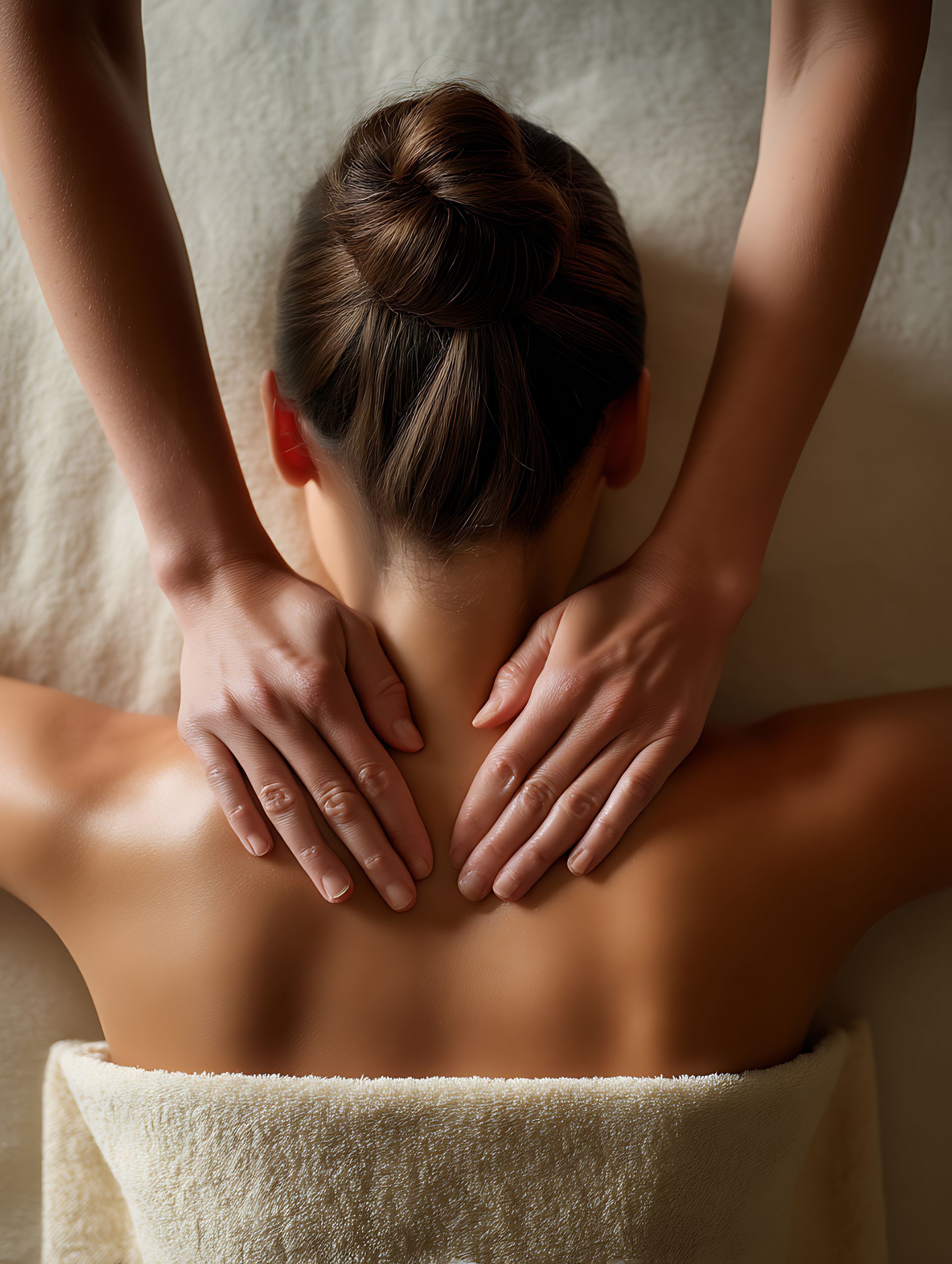Woman receiving a back massage, hands kneading her shoulders on a cream-colored towel.