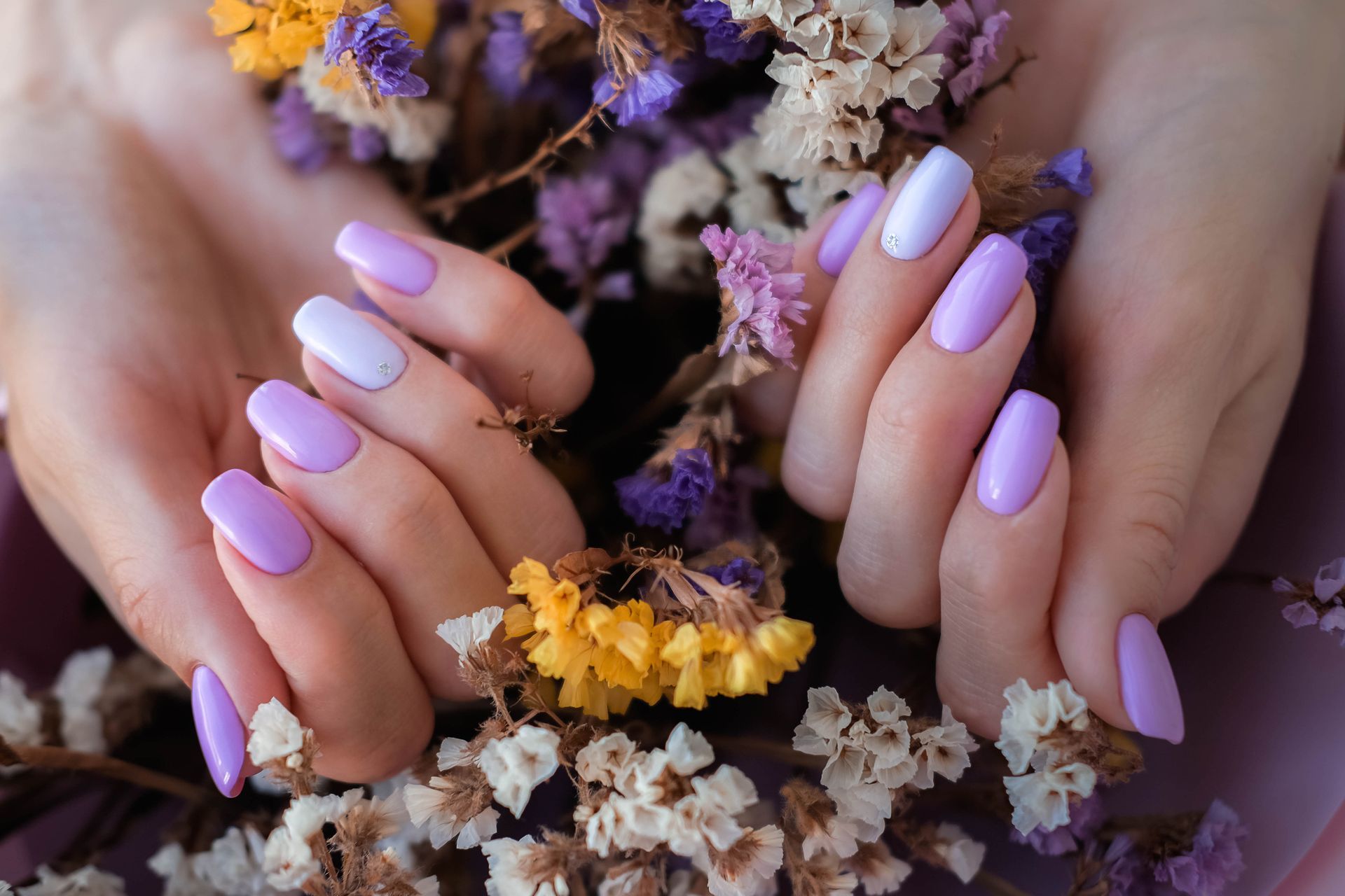 Hands with lavender and white polished nails, holding dried purple and yellow flowers. Hands with lavender and white polished nails, holding dried purple and yellow flowers.