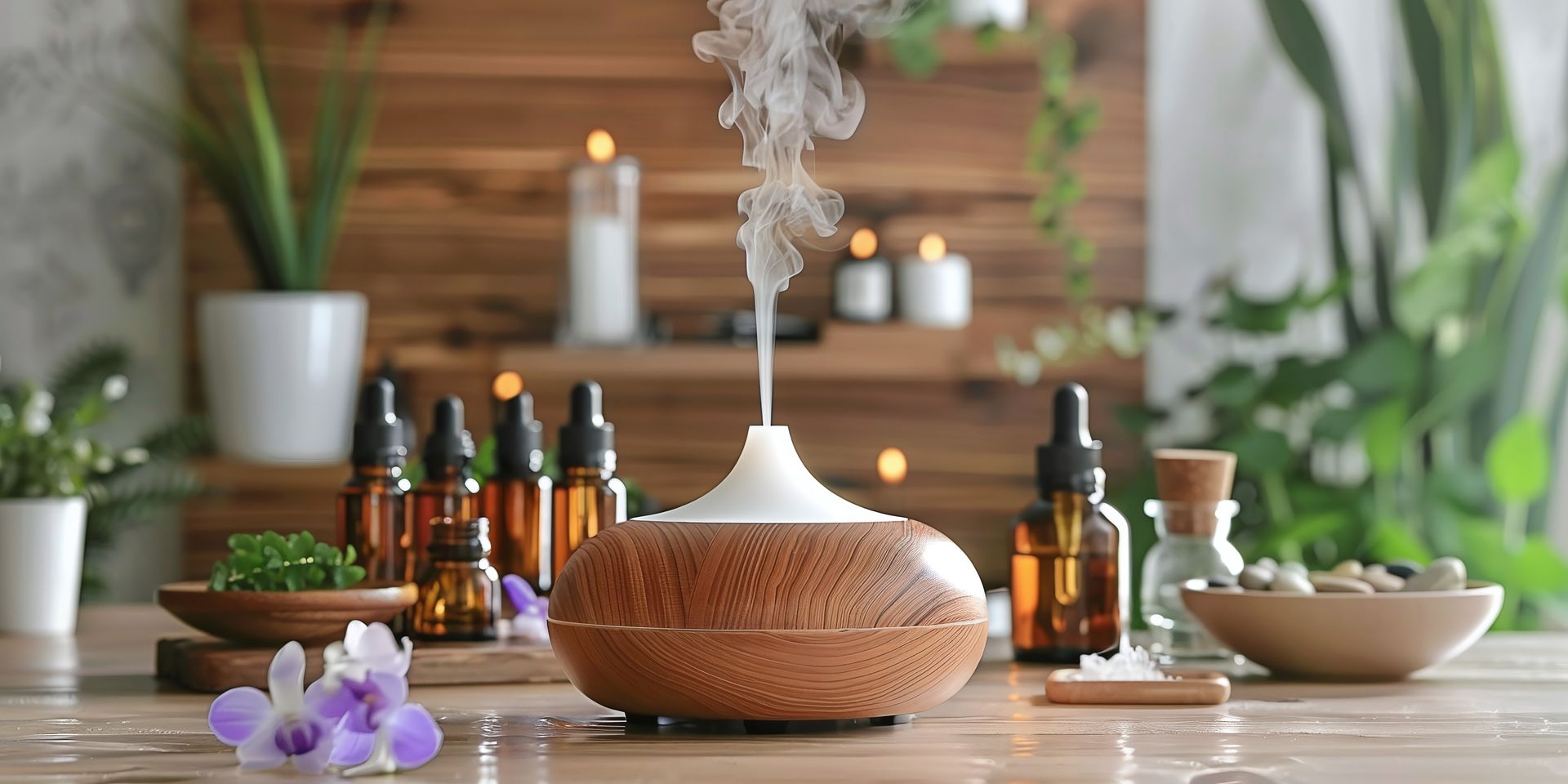 A lit aromatherapy diffuser with steam on a wooden table, surrounded by essential oil bottles and purple flowers.