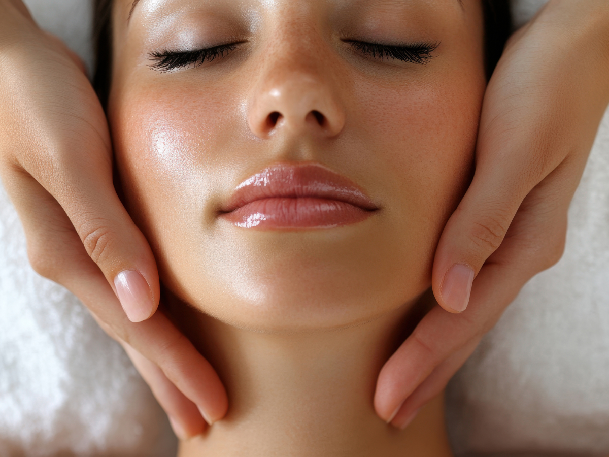 Woman receiving a facial massage, eyes closed, hands on cheeks and neck.