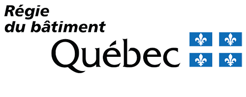 Logo of Régie du bâtiment Québec, with text and four blue fleur-de-lis symbols.