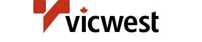 Logo VicWest avec un éclair rouge et une petite feuille d'érable rouge.