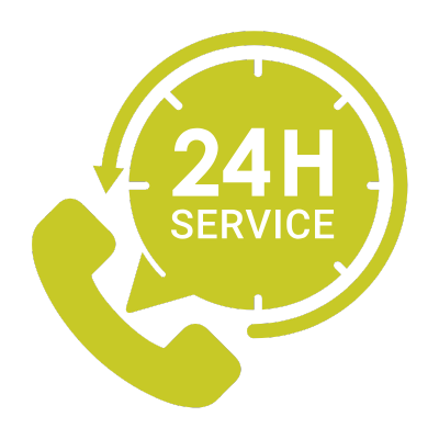 A 24h service icon with a phone and a clock