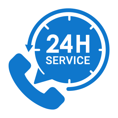 A 24h service icon with a phone and a clock