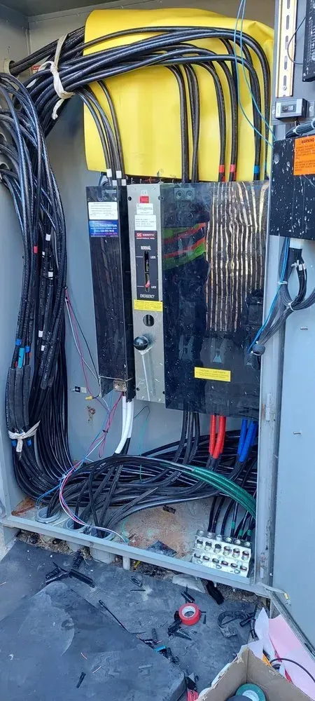 A bunch of wires are coming out of a electrical box.