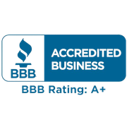 The bbb logo is blue and white and says accredited business bbb rating : a +.