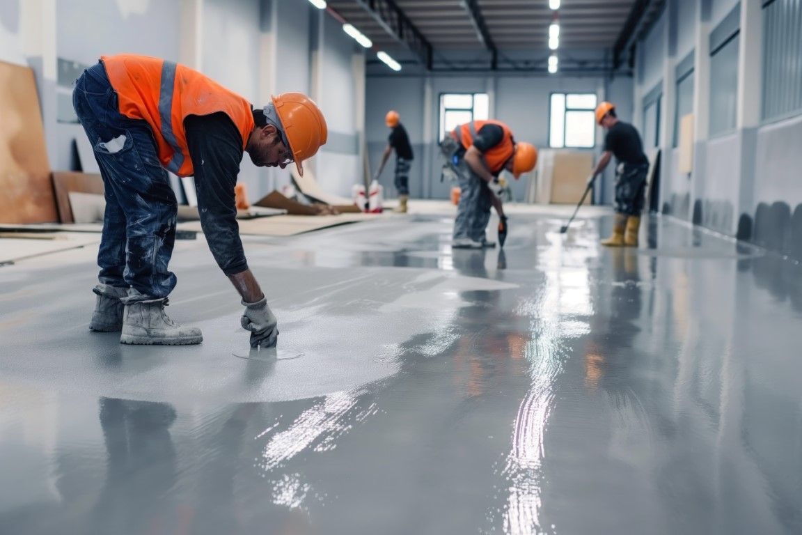 Construction workers applying a gray sealant to a polished concrete floor in a large, bright warehouse.
