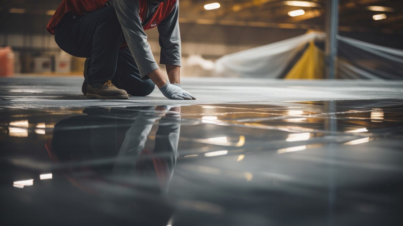 Worker in a warehouse inspecting a reflective, wet concrete floor while wearing gloves.