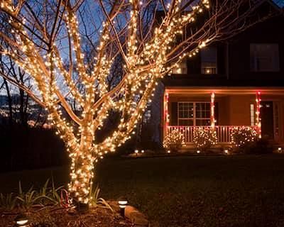 A tree is decorated with christmas lights in front of a house.