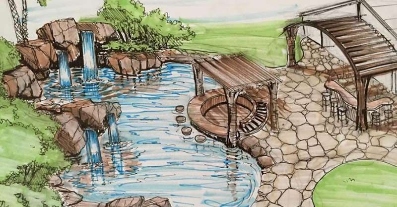 A drawing of a waterfall in a garden with a pergola.