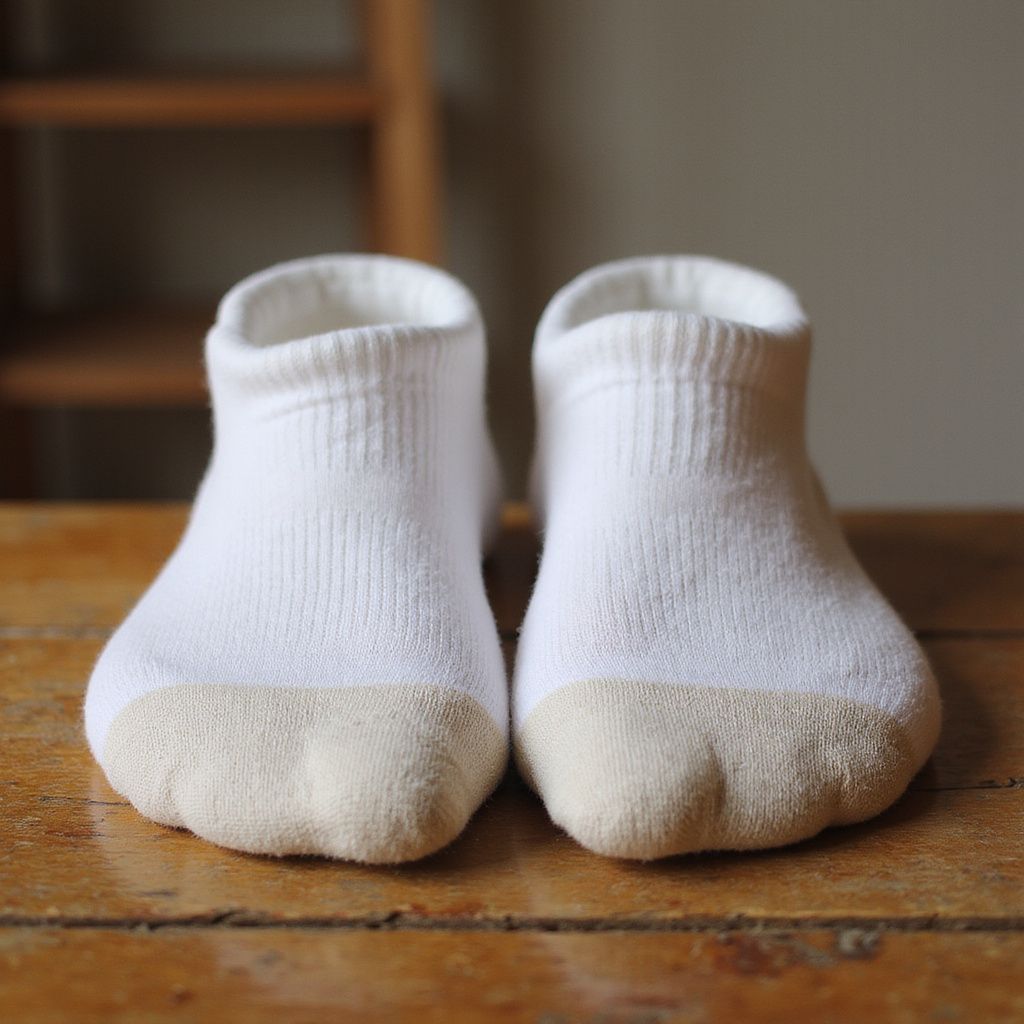 Pair of white ankle socks with tan toes, resting on a wooden surface.